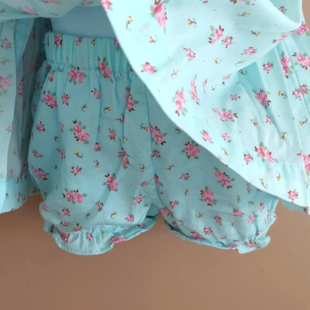 Laura Ashley Turquoise Blue Floral Smocked Tieback Dress with bloomers- sz 9 mos